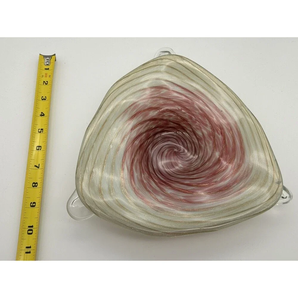 Murano Spiral Flat Bowl Hand Blown Glass Gold & Red Zebrati Fratelli  (No mark)